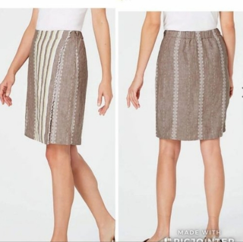 J Jill Love Linen Skirt Womens  Brown Yellow Stripe Mock Wrap Southwestern